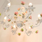 Traditional French Iron Ceramic Rose Branch Candlestick 3/6/8 Light Chandeliers for Living Room Lumendat