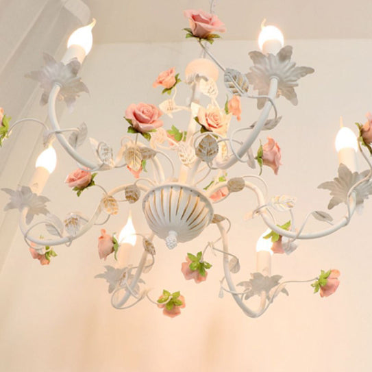 Traditional French Iron Ceramic Rose Branch Candlestick 3/6/8 Light Chandeliers for Living Room