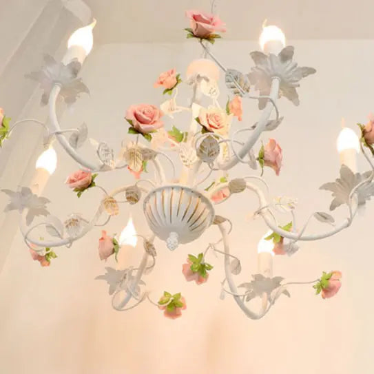 Traditional French Iron Ceramic Rose Branch Candlestick 3/6/8 Light Chandeliers for Living Room Lumendat