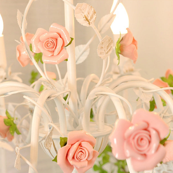 Traditional French Iron Ceramic Rose Branch Candlestick 3/6/8 Light Chandeliers for Living Room
