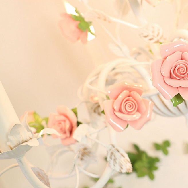 Traditional French Iron Ceramic Rose Branch Candlestick 3/6/8 Light Chandeliers for Living Room