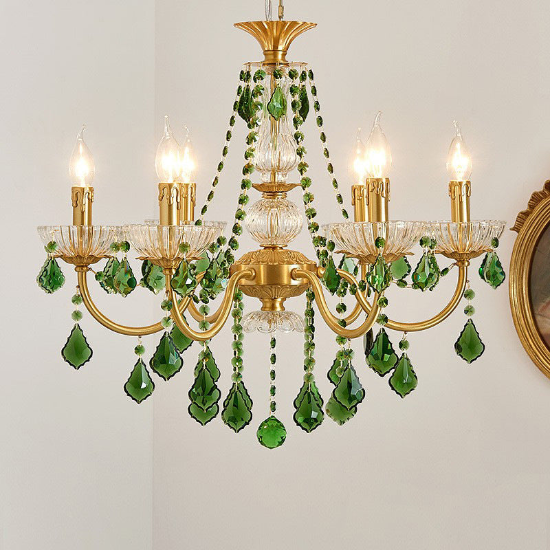 Traditional French Copper Crystal Glass Column Pendants Candlestick 3/6/8 Light Chandeliers for Living Room