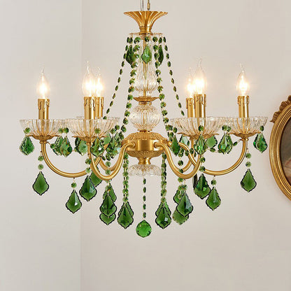 Traditional French Copper Crystal Glass Column Pendants Candlestick 3/6/8 Light Chandeliers for Living Room