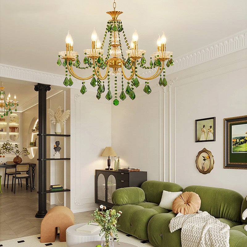 Traditional French Copper Crystal Glass Column Pendants Candlestick 3/6/8 Light Chandeliers for Living Room BulbSquare