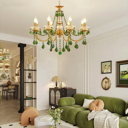 Traditional French Copper Crystal Glass Column Pendants Candlestick 3/6/8 Light Chandeliers for Living Room