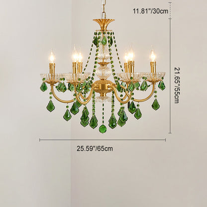 Traditional French Copper Crystal Glass Column Pendants Candlestick 3/6/8 Light Chandeliers for Living Room