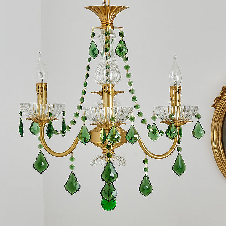 Traditional French Copper Crystal Glass Column Pendants Candlestick 3/6/8 Light Chandeliers for Living Room