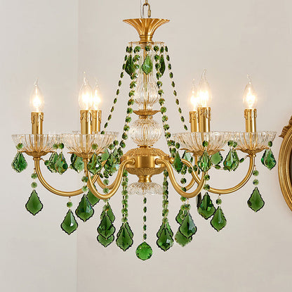 Traditional French Copper Crystal Glass Column Pendants Candlestick 3/6/8 Light Chandeliers for Living Room