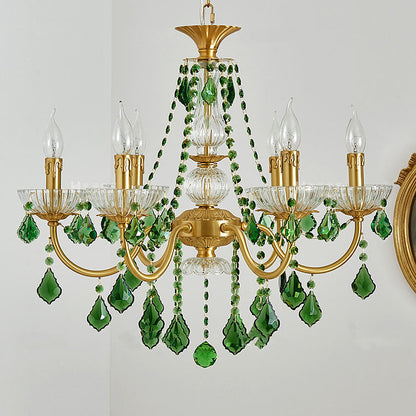 Traditional French Copper Crystal Glass Column Pendants Candlestick 3/6/8 Light Chandeliers for Living Room