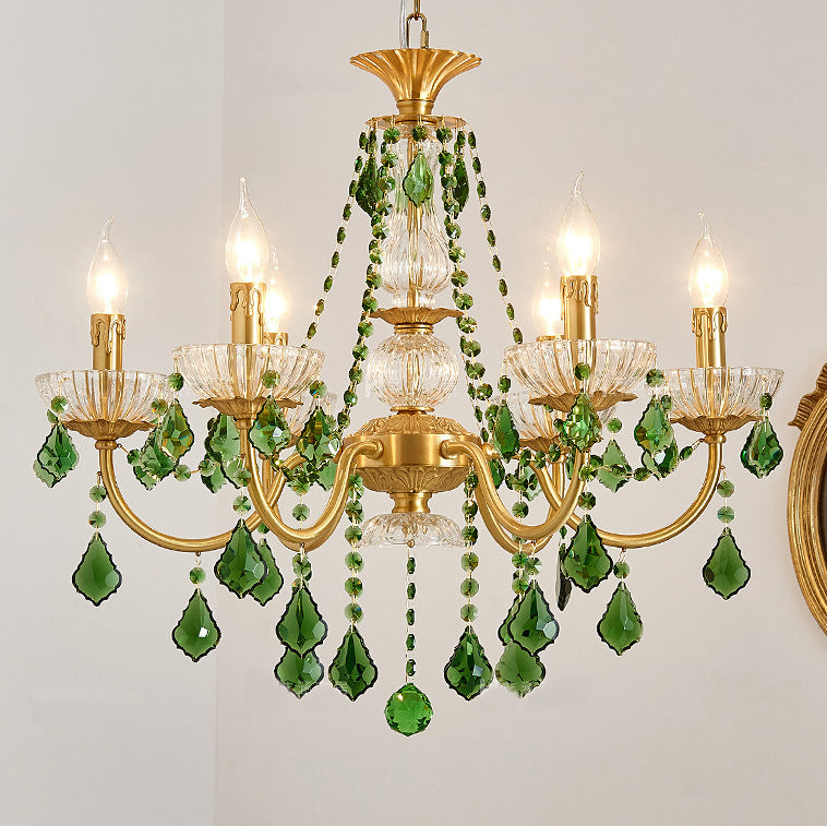 Traditional French Copper Crystal Glass Column Pendants Candlestick 3/6/8 Light Chandeliers for Living Room BulbSquare