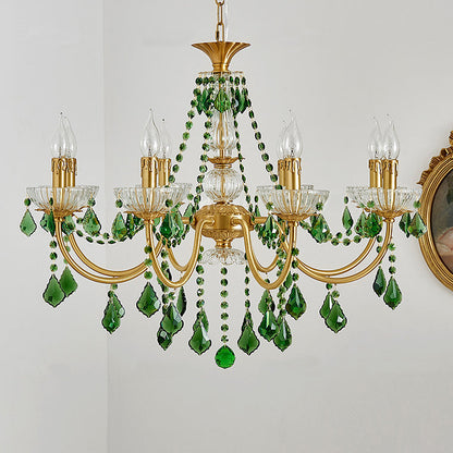 Traditional French Copper Crystal Glass Column Pendants Candlestick 3/6/8 Light Chandeliers for Living Room