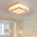 Traditional French Glass Iron Crystal Round Square Feather LED Flush Mount Ceiling Light For Bedroom