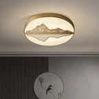 Traditional Chinese Marble Brass Landscape Round LED Flush Mount Ceiling Light For Bedroom