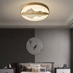Traditional Chinese Marble Brass Landscape Round LED Flush Mount Ceiling Light For Bedroom