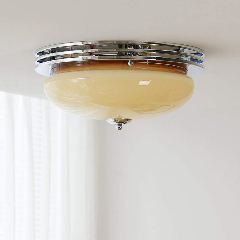 Traditional Vintage Iron Glass Custard Tart Round 3-Light Semi-Flush Mount Ceiling Light For Hallway
