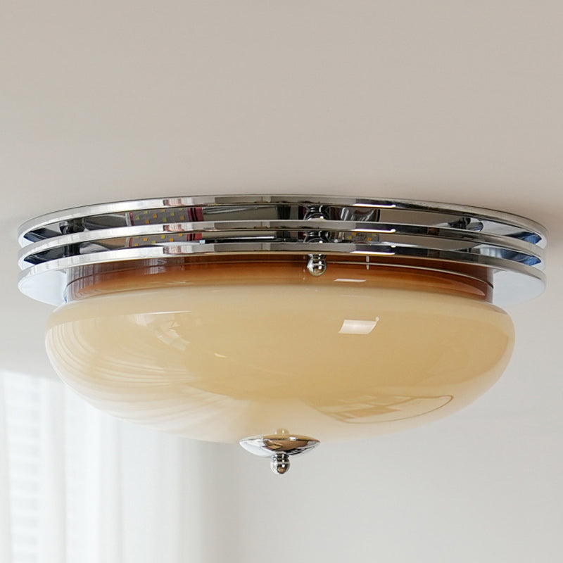 Traditional Vintage Iron Glass Custard Tart Round 3-Light Semi-Flush Mount Ceiling Light For Hallway