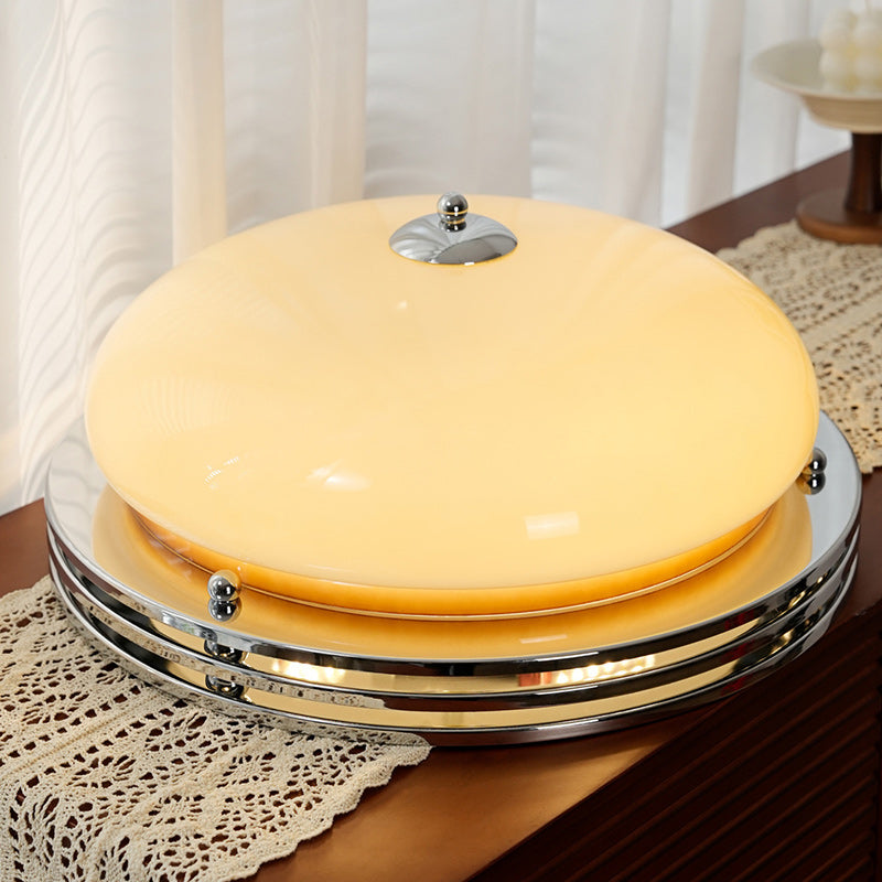 Traditional Vintage Iron Glass Custard Tart Round 3-Light Semi-Flush Mount Ceiling Light For Hallway