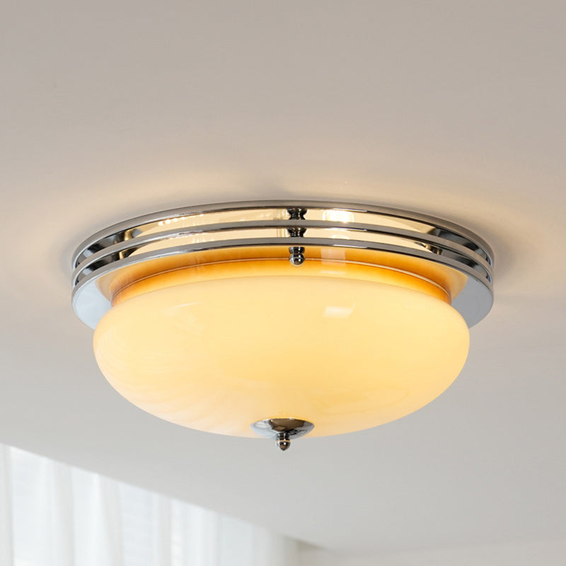 Traditional Vintage Iron Glass Custard Tart Round 3-Light Semi-Flush Mount Ceiling Light For Hallway