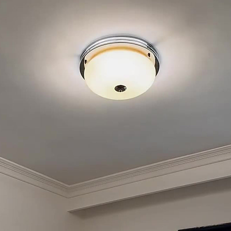 Traditional Vintage Iron Glass Custard Tart Round 3-Light Semi-Flush Mount Ceiling Light For Hallway