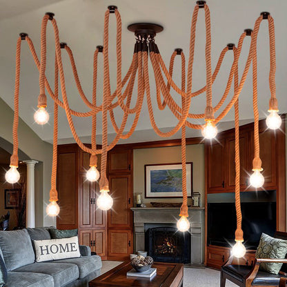Contemporary Industrial Hemp Rope Iron Spider 10-light Semi-flush Mount Ceiling Light for Dining Room