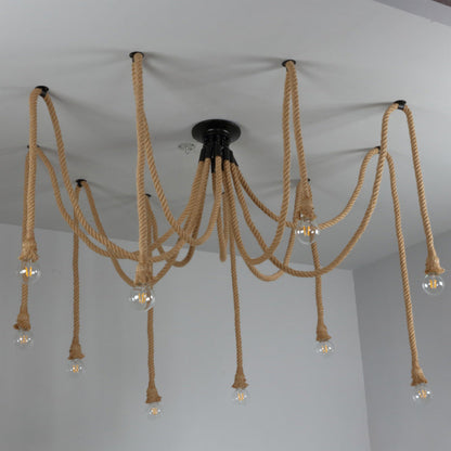 Contemporary Industrial Hemp Rope Iron Spider 10-light Semi-flush Mount Ceiling Light for Dining Room
