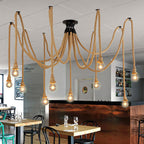Contemporary Industrial Hemp Rope Iron Spider 10-light Semi-flush Mount Ceiling Light for Dining Room