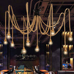 Contemporary Industrial Hemp Rope Iron Spider 10-light Semi-flush Mount Ceiling Light for Dining Room