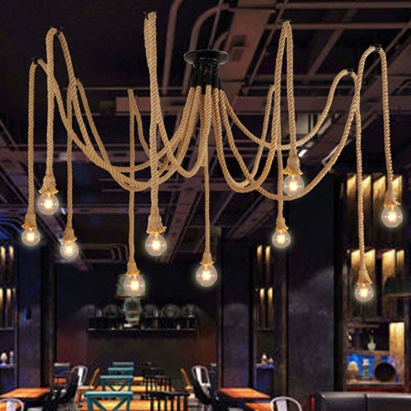 Contemporary Industrial Hemp Rope Iron Spider 10-light Semi-flush Mount Ceiling Light for Dining Room