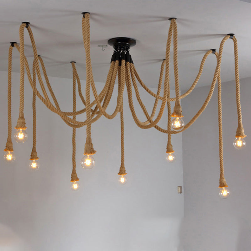 Contemporary Industrial Hemp Rope Iron Spider 10-light Semi-flush Mount Ceiling Light for Dining Room
