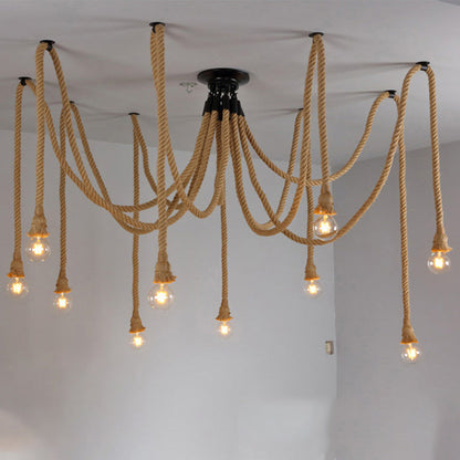 Contemporary Industrial Hemp Rope Iron Spider 10-light Semi-flush Mount Ceiling Light for Dining Room