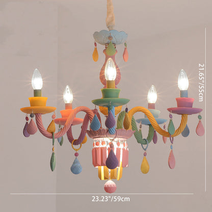 Modern Art Deco Kids Candle Colorful Stainless Steel Glass 5/6/8 Light Chandeliers for Bedroom