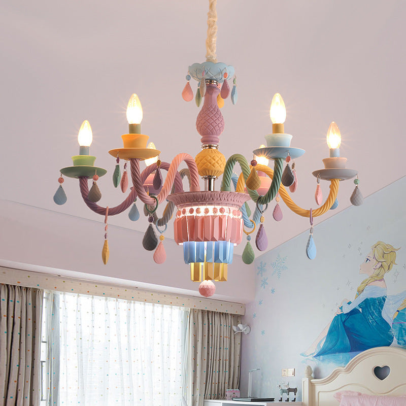Modern Art Deco Kids Candle Colorful Stainless Steel Glass 5/6/8 Light Chandeliers for Bedroom BulbSquare