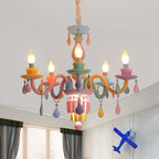 Modern Art Deco Kids Candle Colorful Stainless Steel Glass 5/6/8 Light Chandeliers for Bedroom BulbSquare