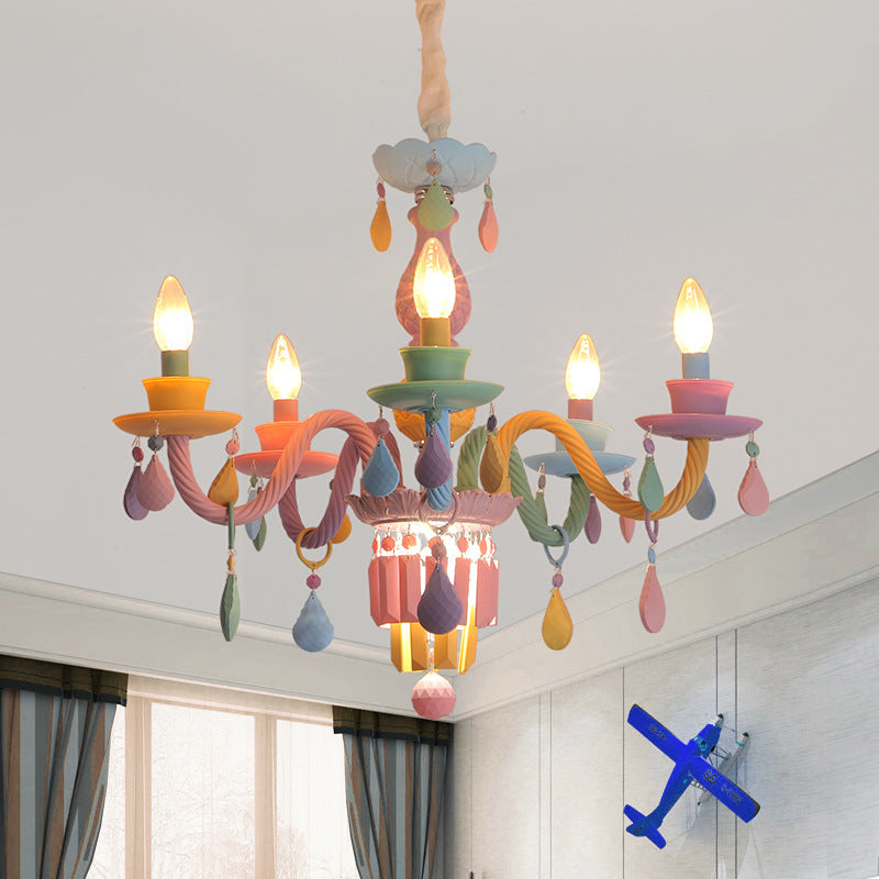 Modern Art Deco Kids Candle Colorful Stainless Steel Glass 5/6/8 Light Chandeliers for Bedroom