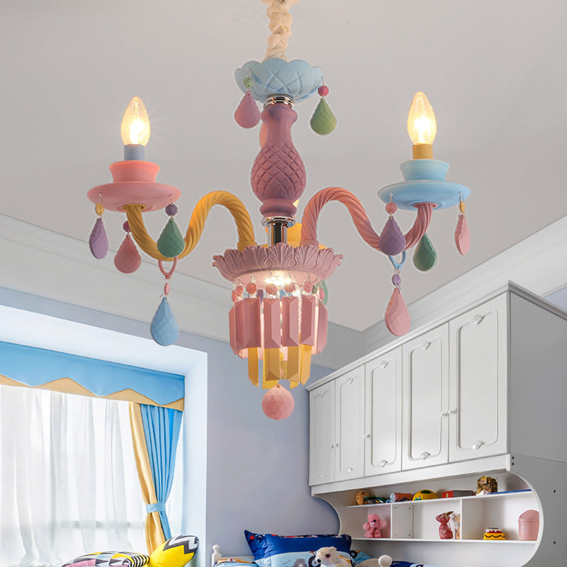Modern Art Deco Kids Candle Colorful Stainless Steel Glass 5/6/8 Light Chandeliers for Bedroom BulbSquare
