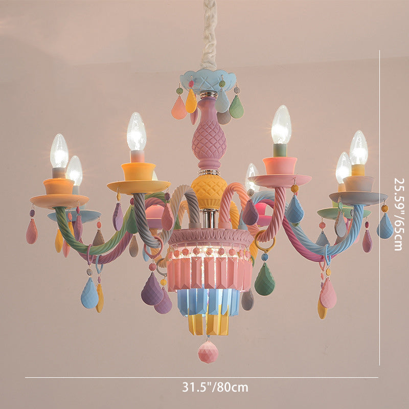 Modern Art Deco Kids Candle Colorful Stainless Steel Glass 5/6/8 Light Chandeliers for Bedroom BulbSquare