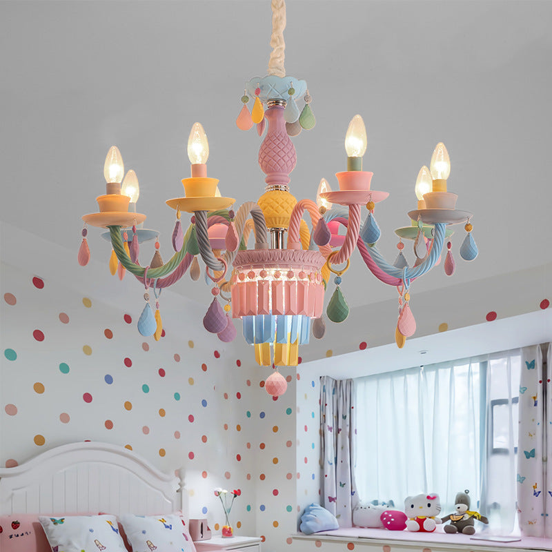 Modern Art Deco Kids Candle Colorful Stainless Steel Glass 5/6/8 Light Chandeliers for Bedroom BulbSquare