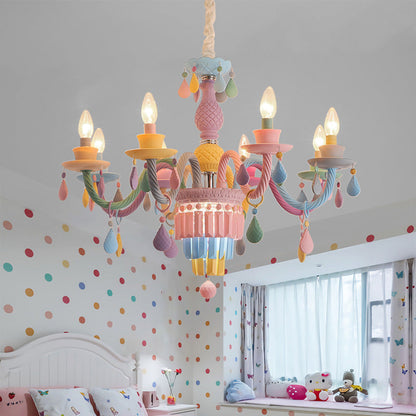 Modern Art Deco Kids Candle Colorful Stainless Steel Glass 5/6/8 Light Chandeliers for Bedroom