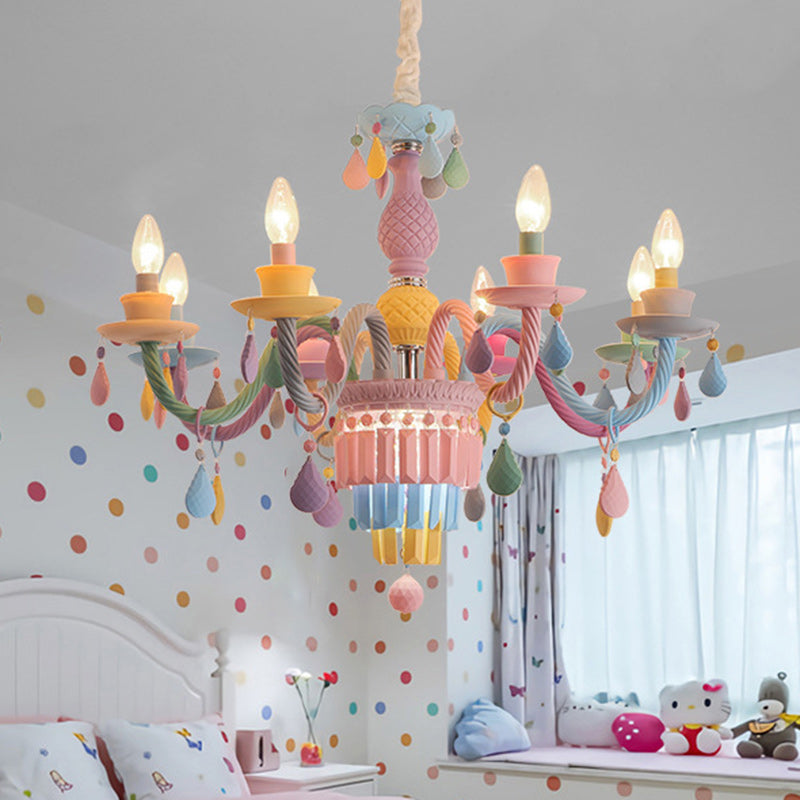 Modern Art Deco Kids Candle Colorful Stainless Steel Glass 5/6/8 Light Chandeliers for Bedroom BulbSquare