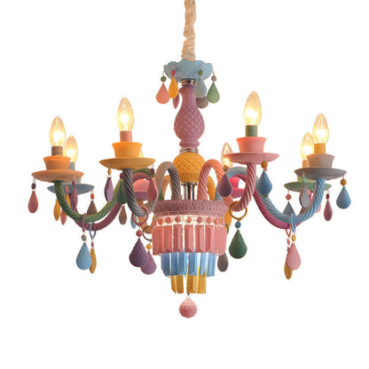 Modern Art Deco Kids Candle Colorful Stainless Steel Glass 5/6/8 Light Chandeliers for Bedroom