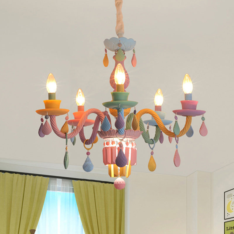 Modern Art Deco Kids Candle Colorful Stainless Steel Glass 5/6/8 Light Chandeliers for Bedroom