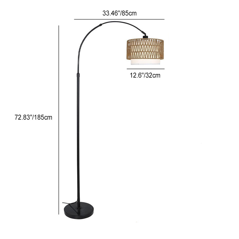 Traditional Rustic Weaving Rattan Fabric Iron Cylinder 1-Light Standing Floor Lamp For Living Room Lumendat