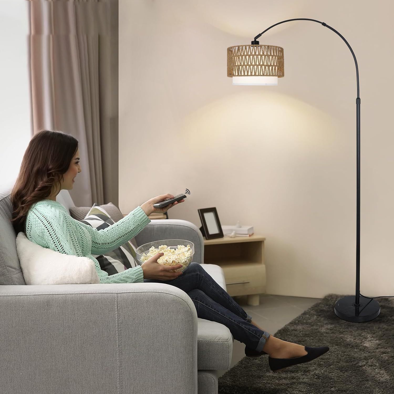 Traditional Rustic Weaving Rattan Fabric Iron Cylinder 1-Light Standing Floor Lamp For Living Room Lumendat