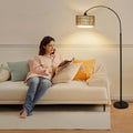 Traditional Rustic Weaving Rattan Fabric Iron Cylinder 1-Light Standing Floor Lamp For Living Room Lumendat