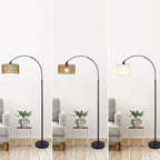Traditional Rustic Weaving Rattan Fabric Iron Cylinder 1-Light Standing Floor Lamp For Living Room Lumendat