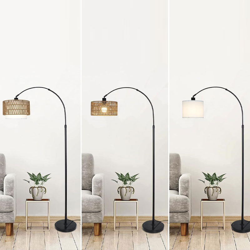 Traditional Rustic Weaving Rattan Fabric Iron Cylinder 1-Light Standing Floor Lamp For Living Room Lumendat