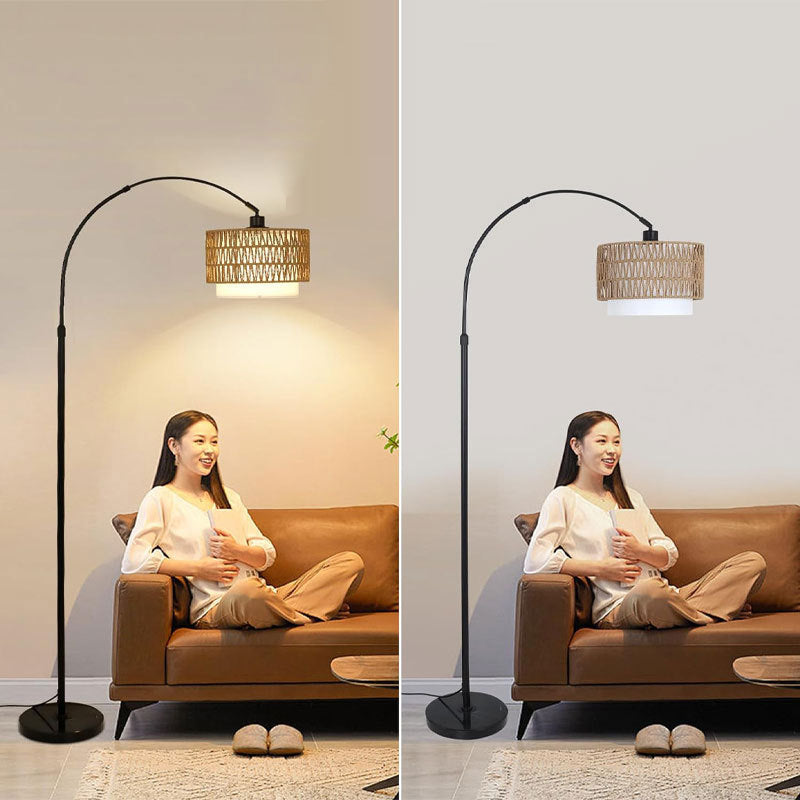 Traditional Rustic Weaving Rattan Fabric Iron Cylinder 1-Light Standing Floor Lamp For Living Room Lumendat