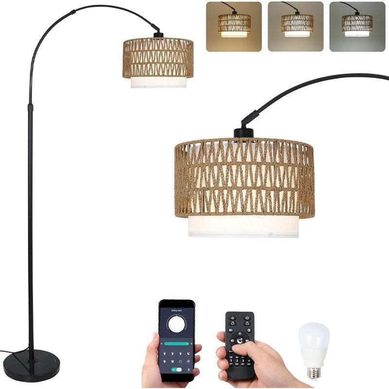 Traditional Rustic Weaving Rattan Fabric Iron Cylinder 1-Light Standing Floor Lamp For Living Room Lumendat