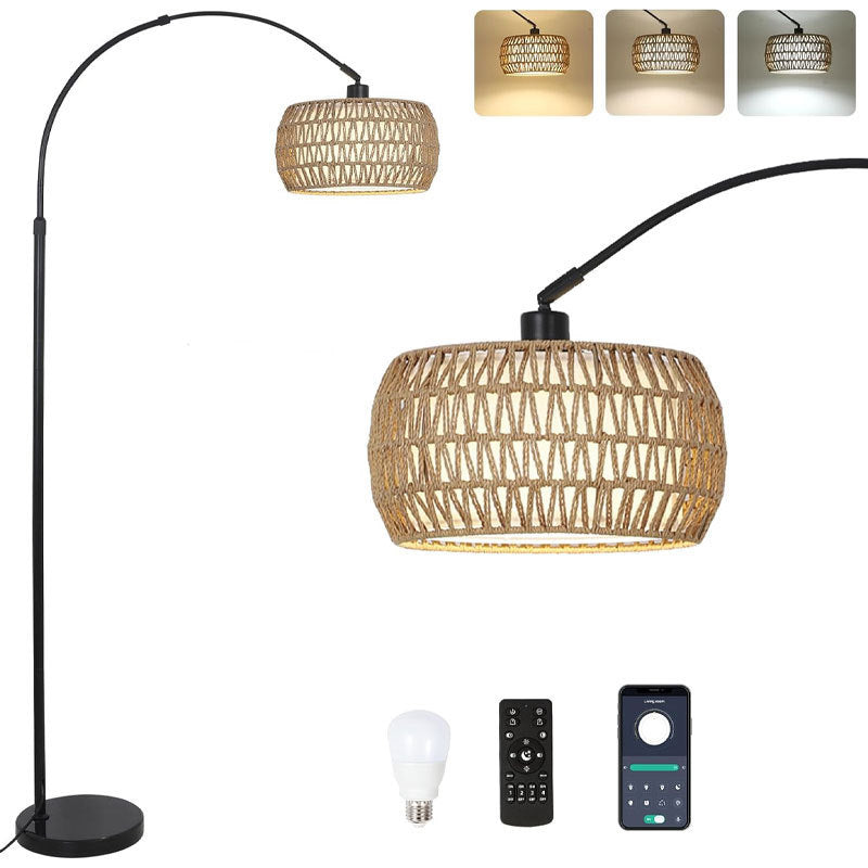 Traditional Rustic Weaving Rattan Fabric Iron Cylinder 1-Light Standing Floor Lamp For Living Room Lumendat