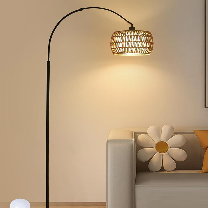 Traditional Rustic Weaving Rattan Fabric Iron Cylinder 1-Light Standing Floor Lamp For Living Room Lumendat